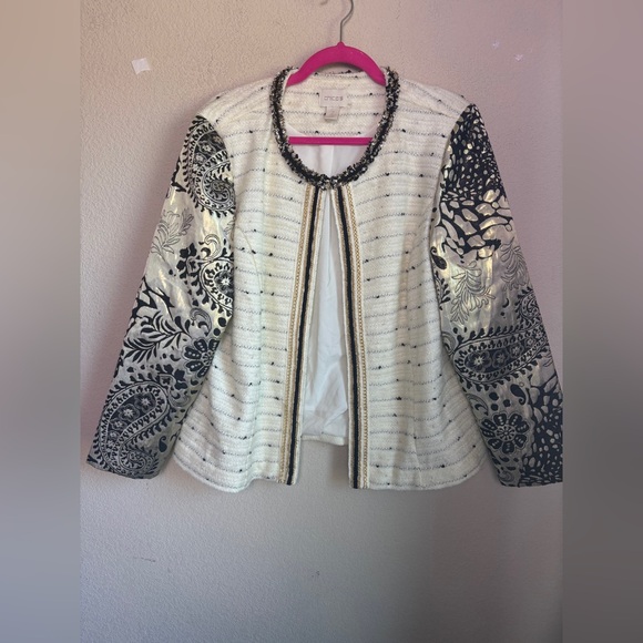 Chico’s Versailles Cream Boucle Tweed Baroque Metallic Open Front Jacket 2 L - Picture 2 of 9